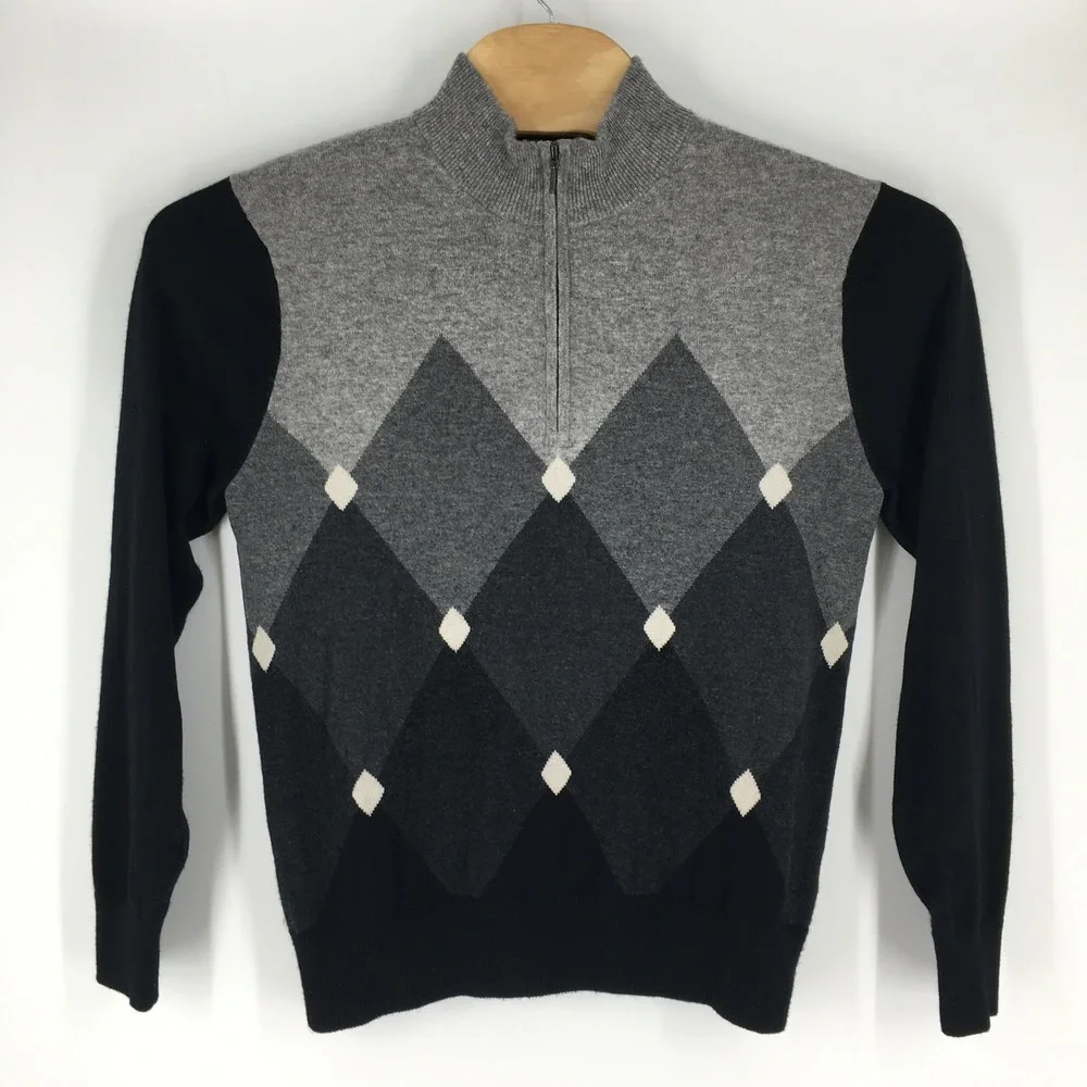 Bullock‎ & Jones Mens MediuM Argyle Quarter Zip Sweater 100% Cashmere Gray Black